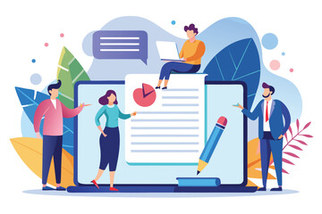 Collaboration on data analysis and reporting by diverse professionals at a digital workspace featuring a laptop and modern graphics