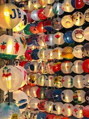 Wall of Hand-Painted Illuminated Festival Lanterns