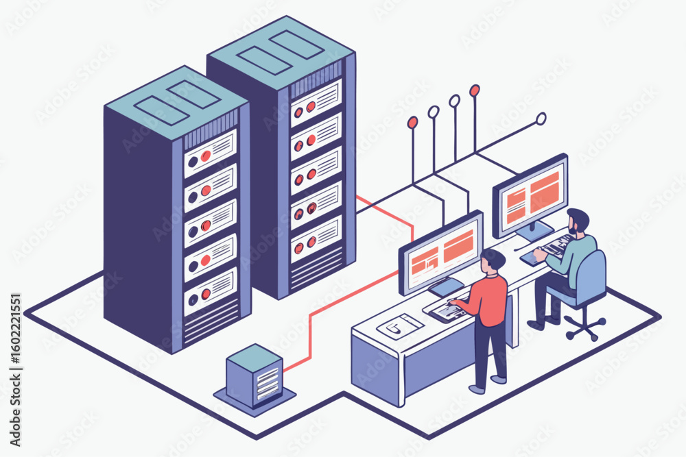 Aufkleber data center operation involving server management and system monitoring with two technicians at work