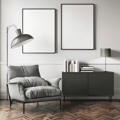 A stylish living room with a comfortable armchair. a floor lamp. and a cabinet with books There are two blank frames on the wall. ready to be filled with art or photos