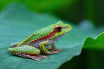Naklejka premium Green paddy frog red eared frog leaf frog and common green frog on a green lotus leaf