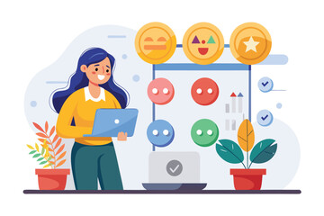 Woman analyzing feedback with laptop and visual data display in a bright workspace during the day