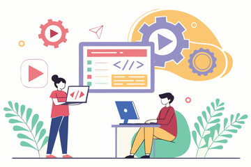 Fototapeta premium Creative professionals engage in collaborative coding and design work, using digital tools and technology for innovative solutions in a modern workspace