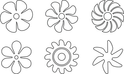 The image displays of simple stylized icon set flower and geometric shapes likely part of turbines and vector illustration or graphic design. commonly for creating logos patterns decorative element