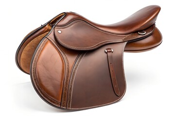 Elegant brown leather horse saddle showcases craftsmanship and design.