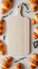 Breakfast Serving Preparation: Bright Wooden Cutting Board Mockup Framed by crispy croissants