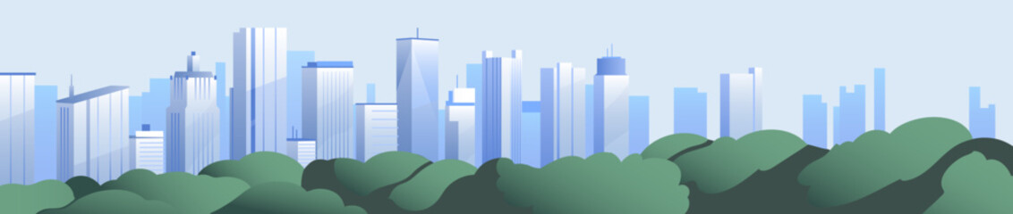 Panorama of cityscape with green park and skyscrapers. Landscape with city architecture. Downtown with office buildings, business district with high rise residential houses. Flat vector illustration © Paper Trident