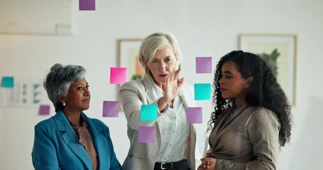 Sticky notes, office and business women by glass for planning, brainstorming and project ideas. Corporate, teamwork and people in meeting, discussion and talking for strategy, schedule and tasks