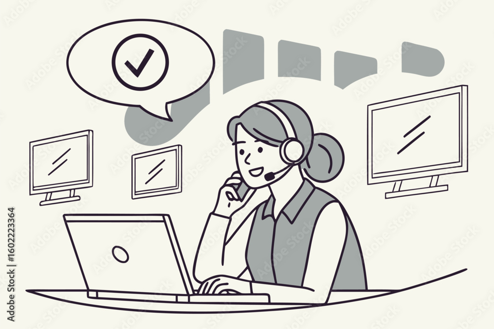 Poster customer service representative assisting clients while using multiple monitors and headset in a pro