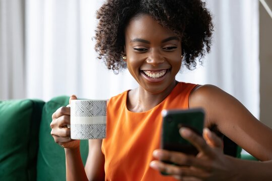 Happy african american woman using smartphone drinking coffee on sofa at home indoor