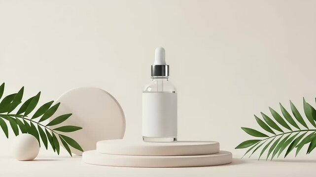 Clear cosmetic bottle mockup on a pedestal with green leaves.