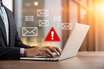 Businessman typing on laptop with email alerts notification