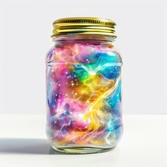 A glass jar filled with a vibrant galaxy design