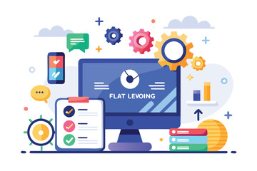 Digital workspace illustrating flat leveling techniques with computer, gears, and analysis tools