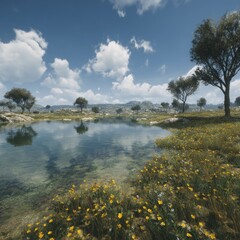 Serene landscape featuring a calm pond reflecting a clear sky and fluffy clouds, surrounded by yellow wildflowers and olive trees under a bright sun