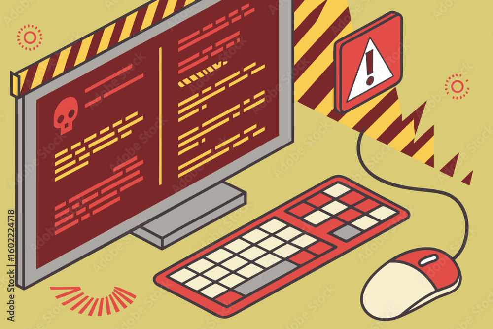 Poster computer screen displaying warning message about cyber threats with a red and yellow design emphasiz