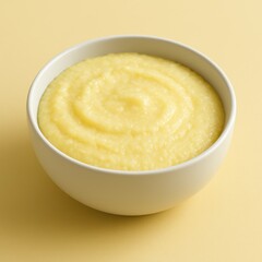 Traditional Southern-style grits with smooth buttery texture served in a white ceramic bowl over pastel butter yellow background &mdash; minimalist breakfast food photo