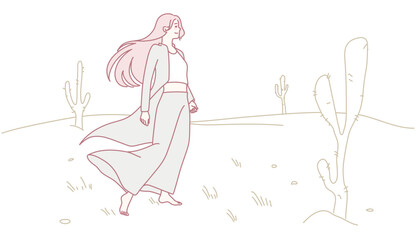 A serene illustration shows a woman gracefully walking through a vast desert landscape filled with cacti