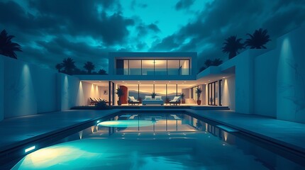 Fototapeta premium A digital painting of a modern house with a pool, using a dramatic cinematic style with film-like composition and lighting, featuring cool blues, greens, and purples