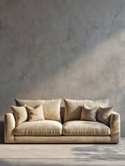 Soft Beige Modern Sofa with Cushions Against a Neutral Wall