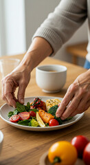 A person arranging a healthy salad with vegetables, greens, and protein on a white plate on a wooden table.