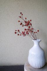 A simple and elegant arrangement of dried red berries in a white ceramic vase  