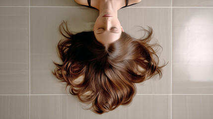 Glossy Hair Models from Down View with Cascading Locks on Floor