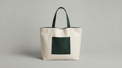 A minimalist tote bag with a light gray background, beige fabric, and dark green inner lining, centered on a rectangular patch, is complemented by soft shadows in a stylish studio lighting setup.