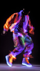 Vibrant Dancer in Neon Lights with Dynamic Movement and Glow Shoes