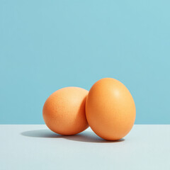 Two Eggs Leaning Against Each Other on a Light Blue Background