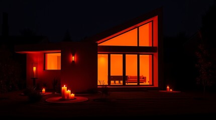 A sleek minimalist house bathed in warm candlelight, electric vivid colors showcasing flickering flames and a warm glow, detailed textures and sharp lines