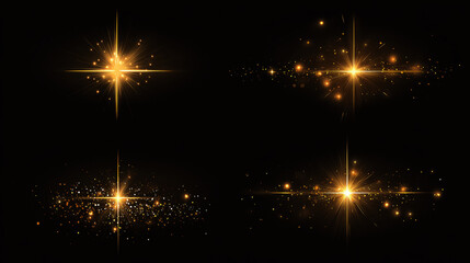Set of Shining Golden Star Particles on Black Background