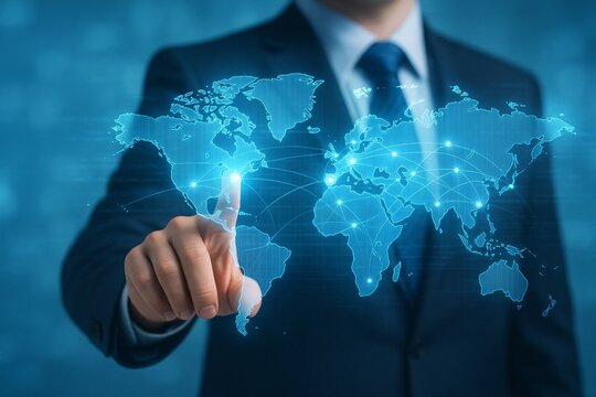 Businessman touching digital world map dark suit blue tie