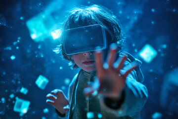 Boy Reaching Out with VR Goggles in a Glowing Digital Environment