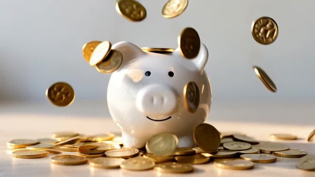 A white piggy bank placed on a flat surface with coins falling around it in a brightly lit environment, symbolizing saving and financial growth, perfect for literacy day