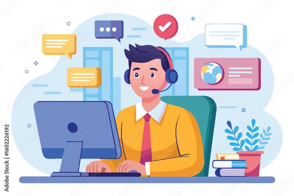 Poster customer service representative assisting clients with inquiries using a computer in a busy and colo