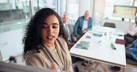 Business woman, presentation and writing on whiteboard for proposal or compliance training. Presenter, brainstorming and coaching with group for strategy, policy development or planning in office - Powered by Adobe