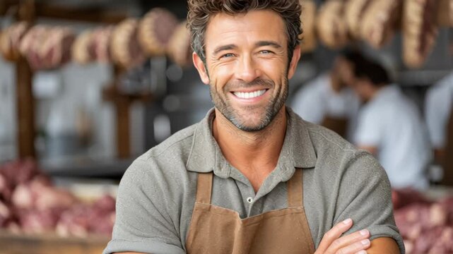 Smiling male butcher wearing brown apron stands confidently in a bustling meat shop, surrounded by hanging cured meats and fellow workers, showcasing the vibrant atmosphere of a traditional butcher sh