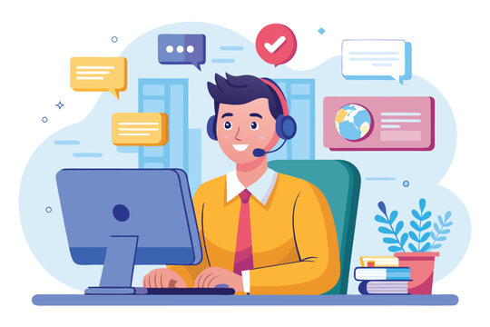 Customer service representative assisting clients with inquiries using a computer in a busy and colorful office environment