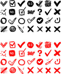 Check marks doodle set. Vote, yes, no, checkbox, checklist, tick and cross signs, v and x drawn concept. Hand drawn doodle sketch style vector illustration