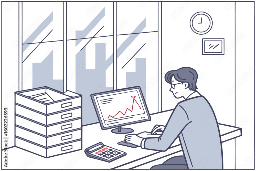 Poster professional workspace featuring a man analyzing financial data on a computer with a view of the cit