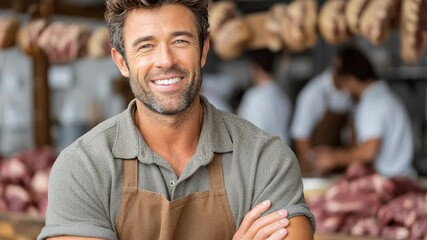 Male butcher in brown apron smiling confidently while standing in a meat shop, surrounded by various cuts of meat and busy colleagues, showcasing the art of butchery and customer service
