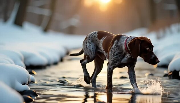 German shorthaired pointer walking beside a stream