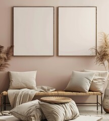 Two Empty Canvas Mockups Above a Bench with Pillows and Dried Plants in a Minimalist Living Room