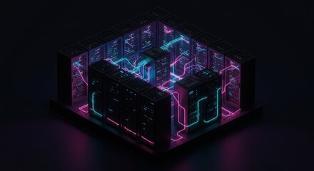 Isometric server room with glowing neon cables