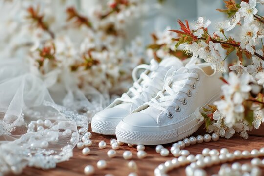 Bride s white shoes and spring cherry blossoms create a festive wedding backdrop featuring white beads a veil and the hem of a wedding gown - Powered by Adobe