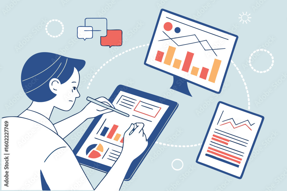 Poster analyst working on digital reports and data visualizations while utilizing tablet and computer for e