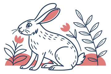 Obraz premium Colorful illustration of a rabbit surrounded by flowers and foliage in a whimsical setting