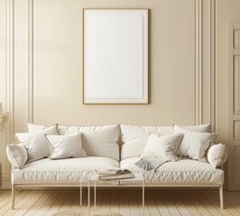 A white sofa with pillows and a blanket in a minimalist living room with a blank poster frame on the wall