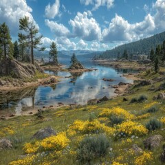 Serene mountain lake reflecting a vibrant sky and wildflowers blooming along the shore, with dark green pines on rocky outcrops